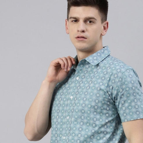 Blue Printed Short Sleeves Shirt